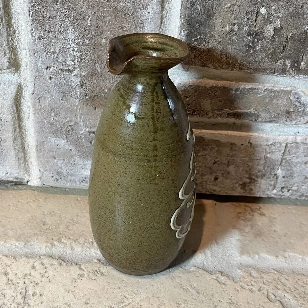 Studio Art Pottery Vase 6.5 Inch Olive Green Fish Skeleton Fossil‎ Signed